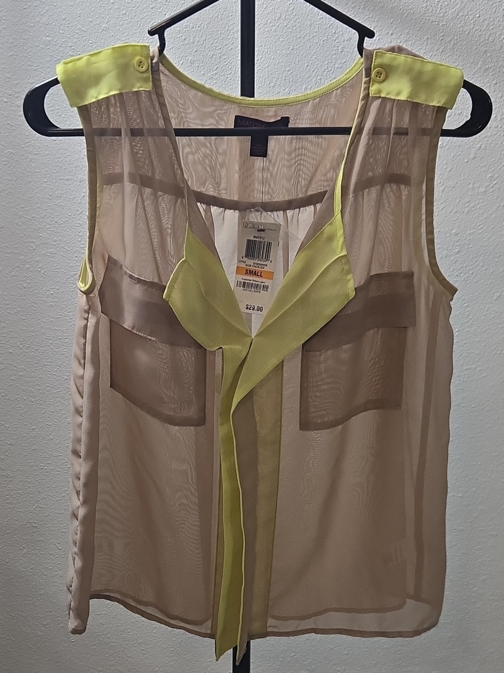 Material Girl Sheer Beige Blouse with Lime Trim